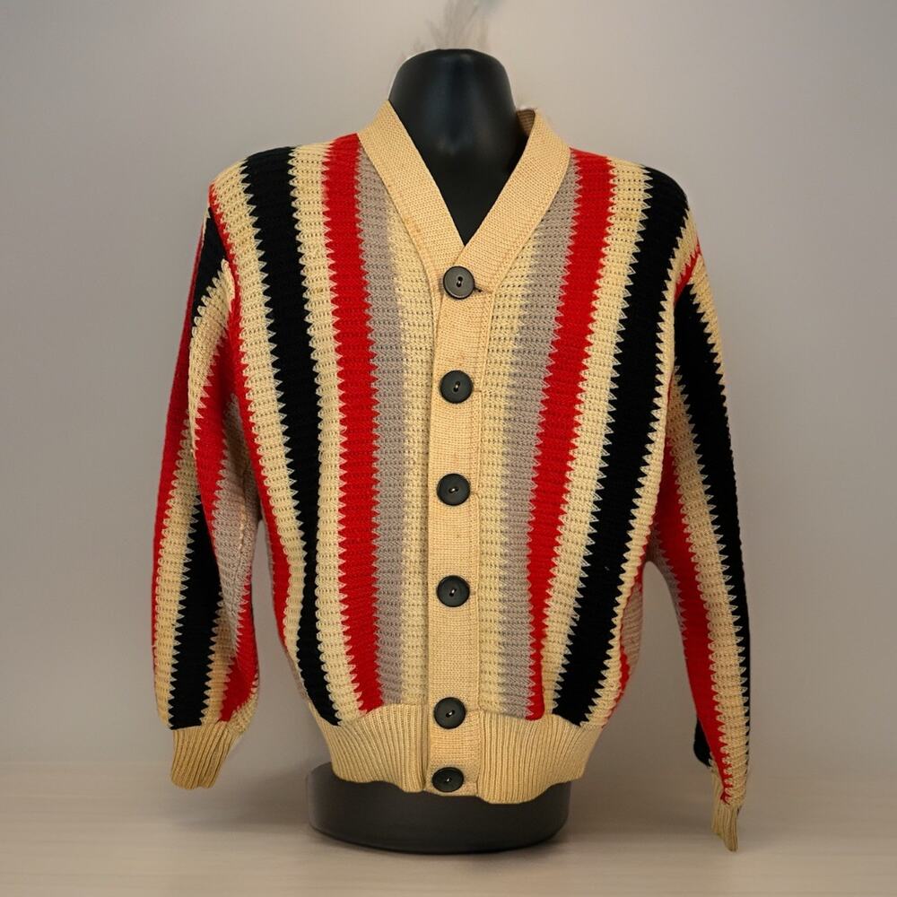 VTG 60s Penneys Towncraft 100% Virgin Wool Button Cardigan Sweater Striped M